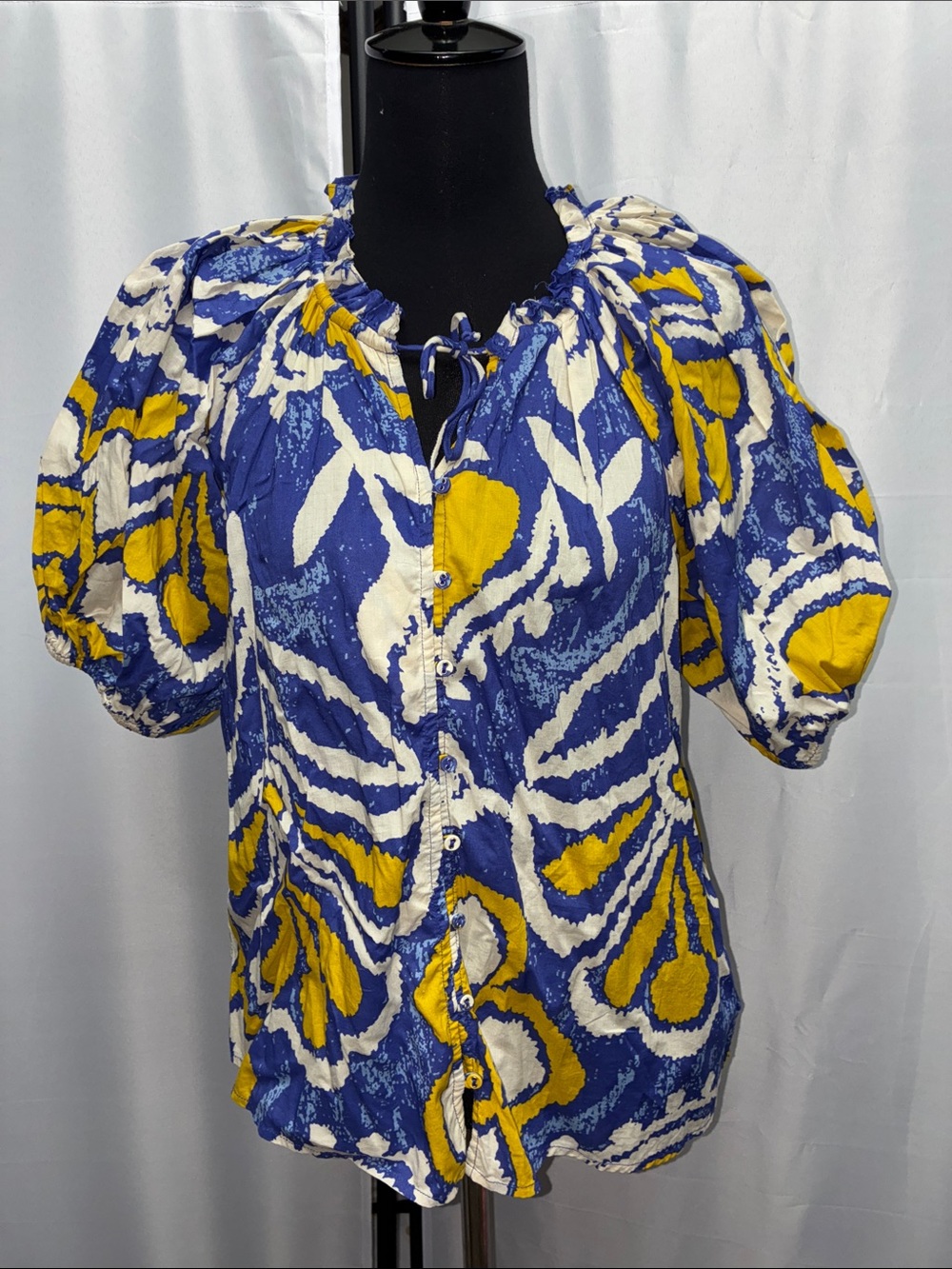 Cleobella Jillian Blouse Azores Print Organic Cotton Puff-Sleeve Blouse Size M